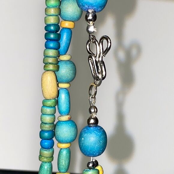 Vintage Teal Beige Wood Necklace Multi Strand Beads Boho Layered Beaded - Picture 7 of 8